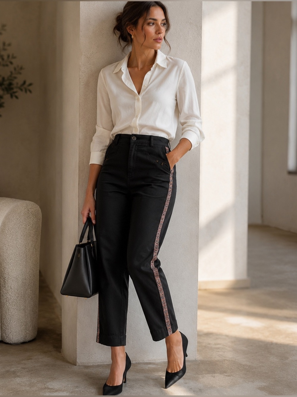 Anthropologie Black Tapered Pants Side Stripe High Rise Cropped Trouser 6